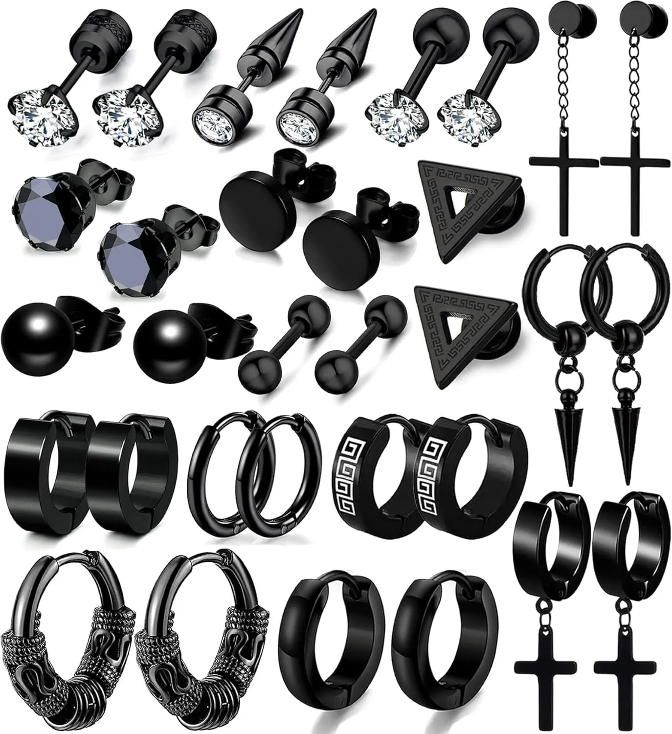 Men Earrings Set - Black Stainless Steel Cross Dangle Hoop & Ear Stud Fashion Piercing Jewelry for Birthdays, Parties & More