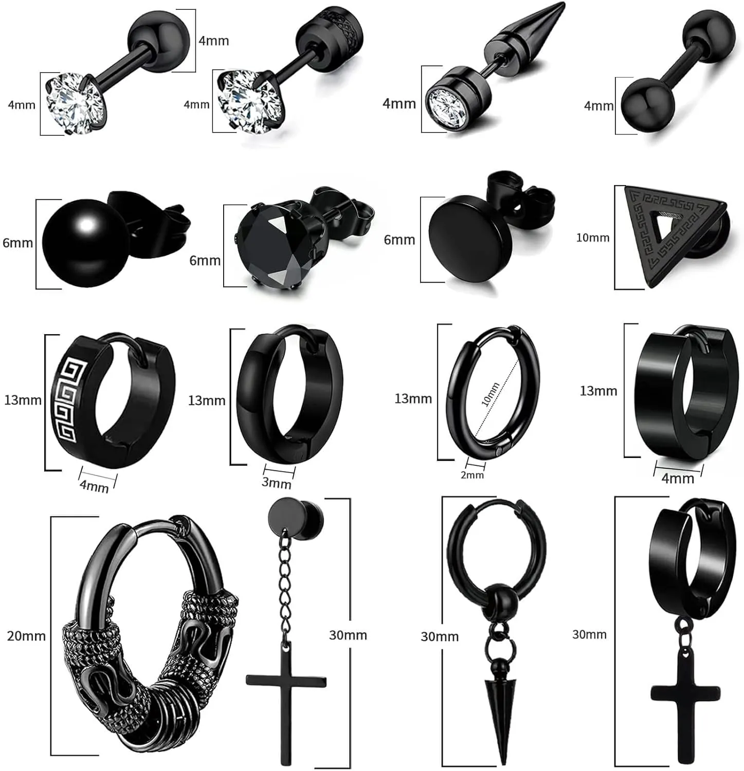 Men Earrings Set - Black Stainless Steel Cross Dangle Hoop & Ear Stud Fashion Piercing Jewelry for Birthdays, Parties & More