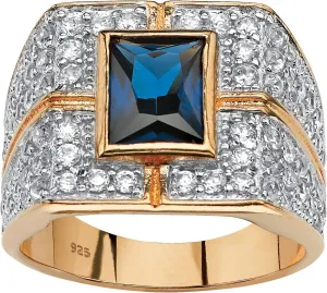 Men's 14K Yellow Gold over Sterling Silver Emerald Genuine Blue Sapphire and Round Cubic Zirconia Ring