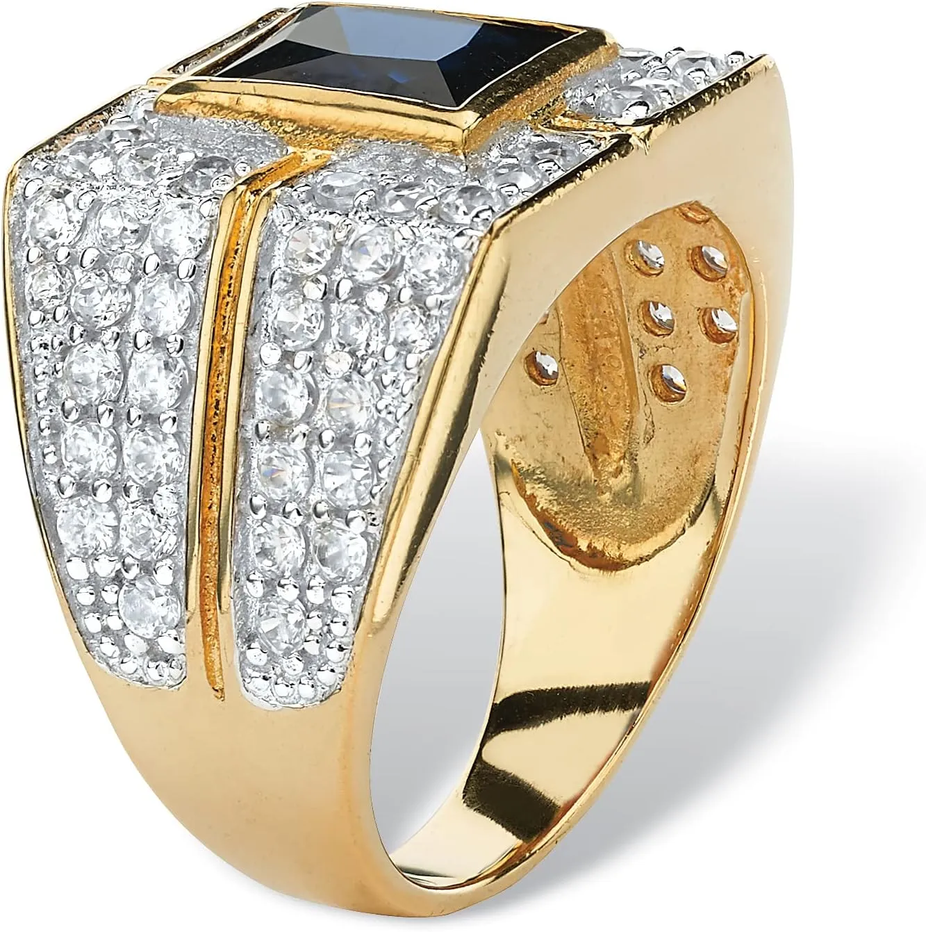 Men's 14K Yellow Gold over Sterling Silver Emerald Genuine Blue Sapphire and Round Cubic Zirconia Ring