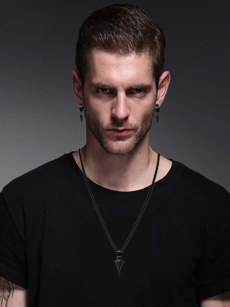 Mens Boys Black Stainless Steel Cool Dagger Arrowhead Arrow Drop Pendant Chain Necklace, 3 Pairs Punk Style Cross Geometric Triangle Dangle Surgical Huggie Hoop Earrings Jewelry Set