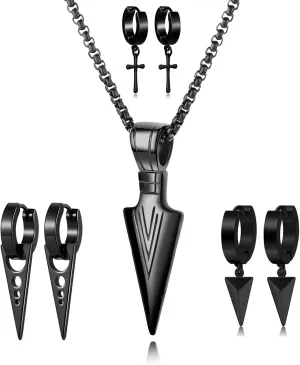 Mens Boys Black Stainless Steel Cool Dagger Arrowhead Arrow Drop Pendant Chain Necklace, 3 Pairs Punk Style Cross Geometric Triangle Dangle Surgical Huggie Hoop Earrings Jewelry Set