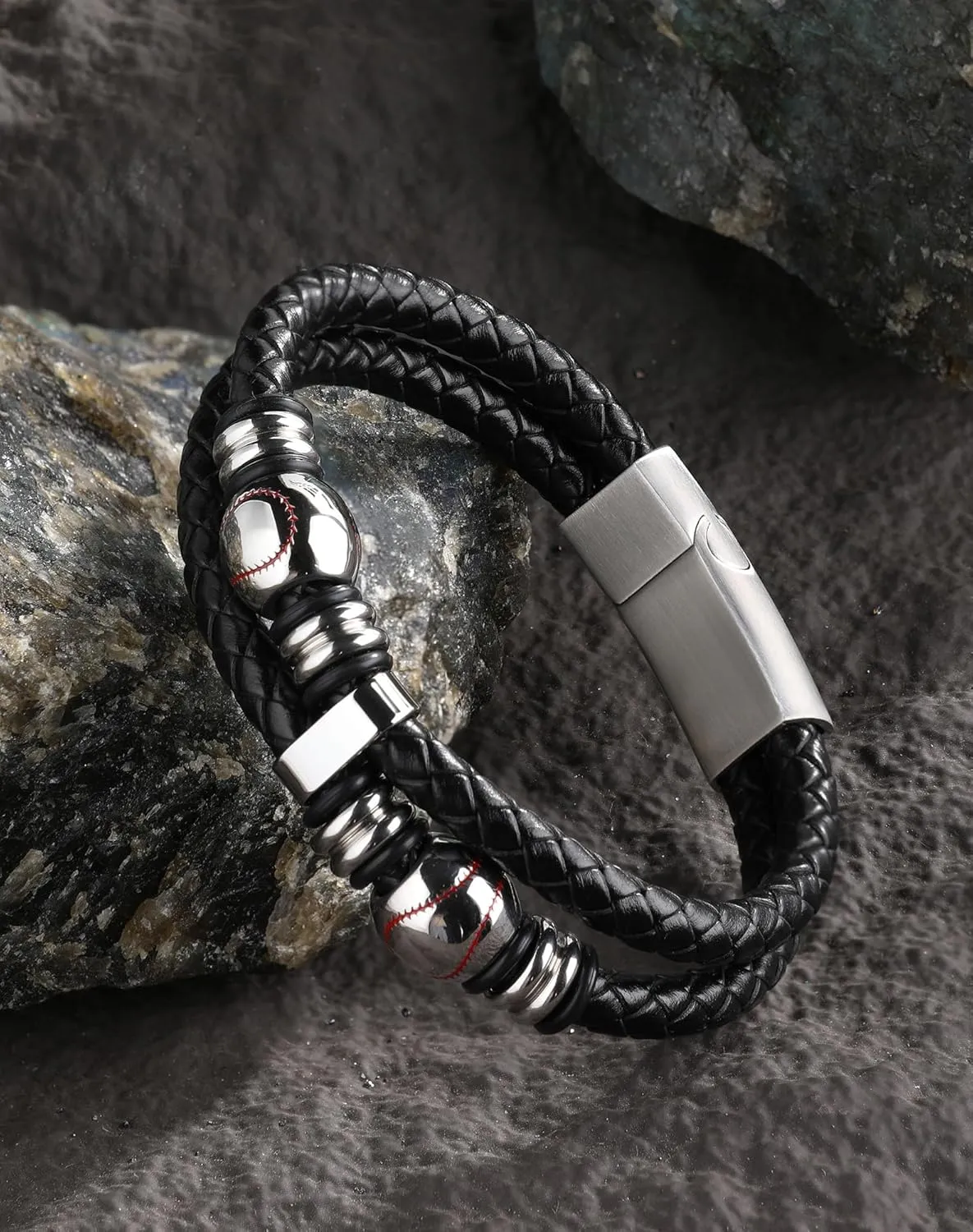 Mens Cuff Baseball Sport Bracelet - 18K Gold Plated Stainless Steel Leather Bracelets for Men - Double Row Punk Jewelry