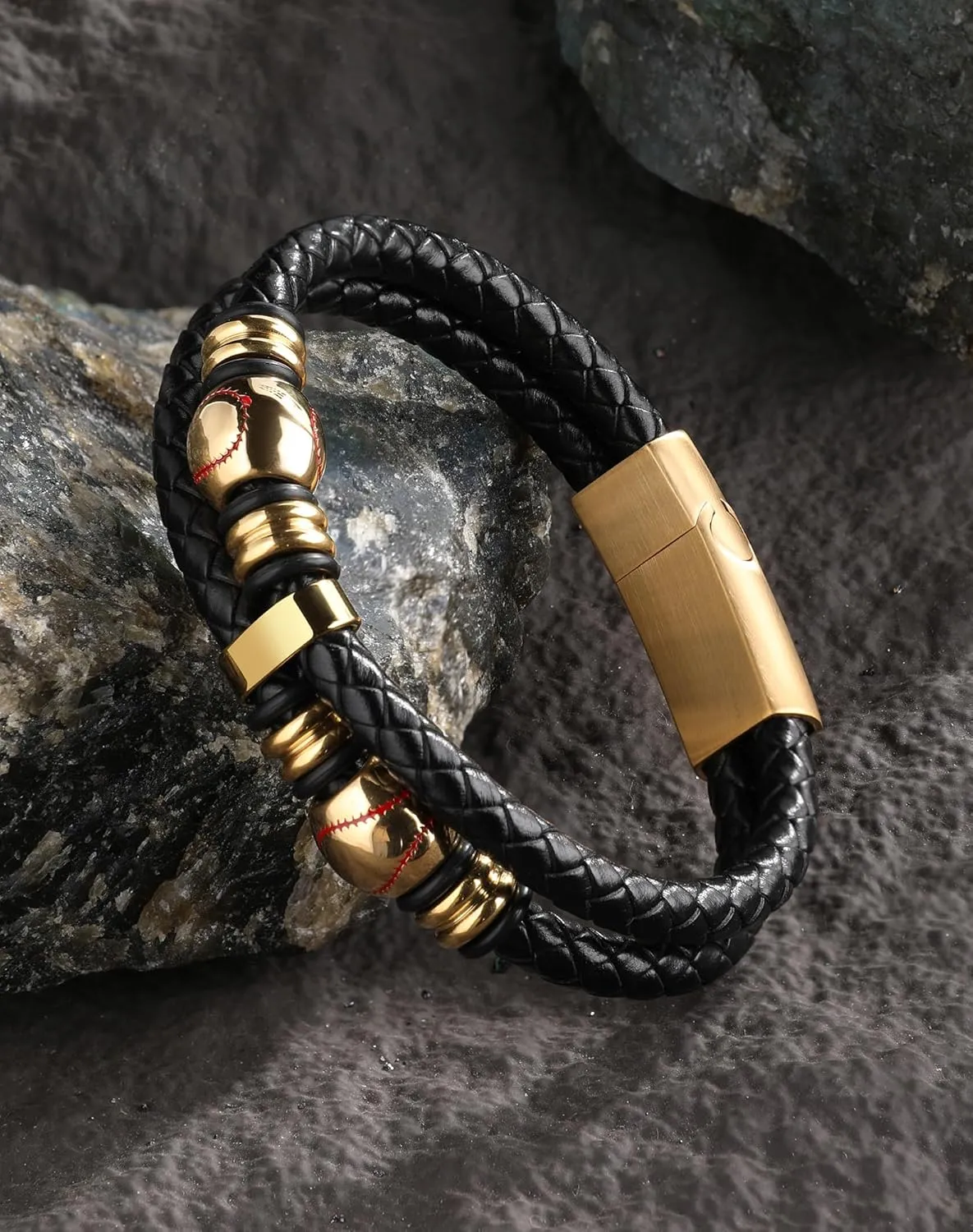 Mens Cuff Baseball Sport Bracelet - 18K Gold Plated Stainless Steel Leather Bracelets for Men - Double Row Punk Jewelry