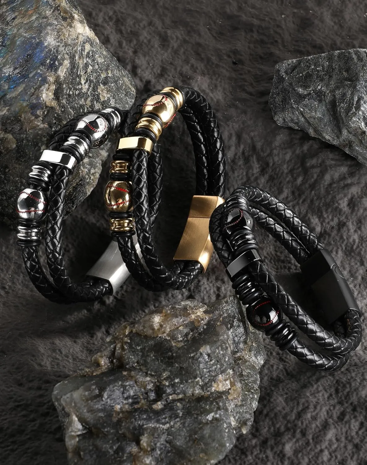 Mens Cuff Baseball Sport Bracelet - 18K Gold Plated Stainless Steel Leather Bracelets for Men - Double Row Punk Jewelry