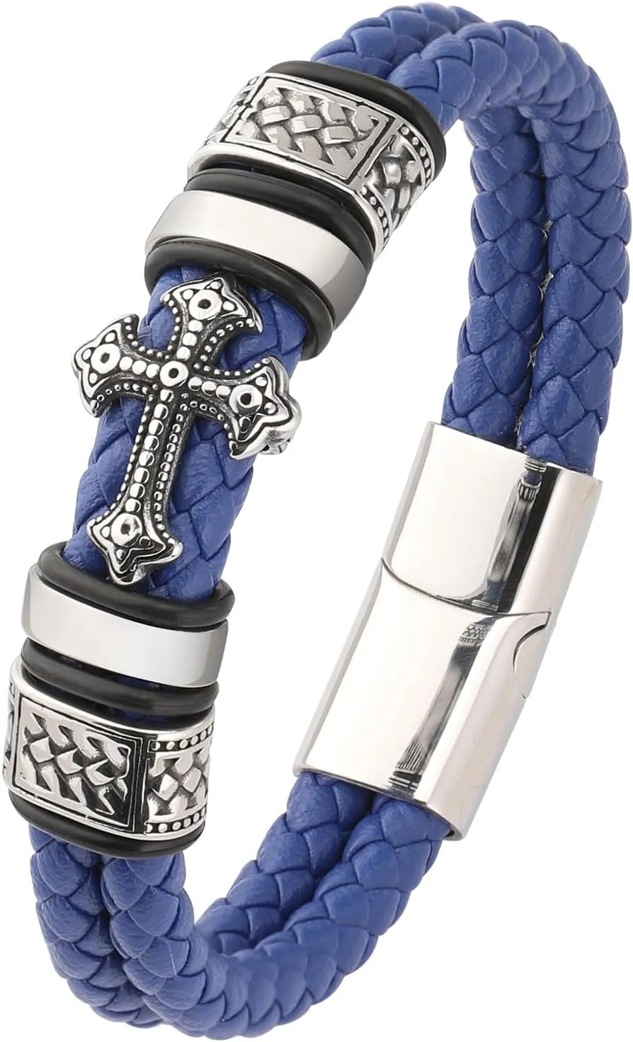 Mens Cuff Cross Christian Bracelet - Silver 316L Stainless Steel Religious Leather Bracelets for Men - Row Punk Jewelry