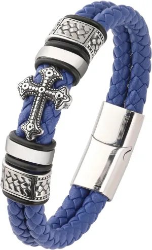 Mens Cuff Cross Christian Bracelet - Silver 316L Stainless Steel Religious Leather Bracelets for Men - Row Punk Jewelry