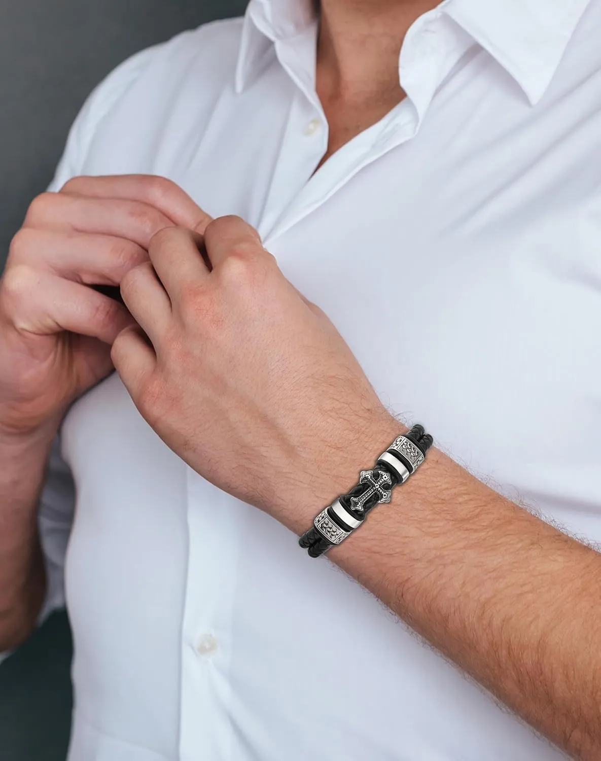 Mens Cuff Cross Christian Bracelet - Silver 316L Stainless Steel Religious Leather Bracelets for Men - Row Punk Jewelry