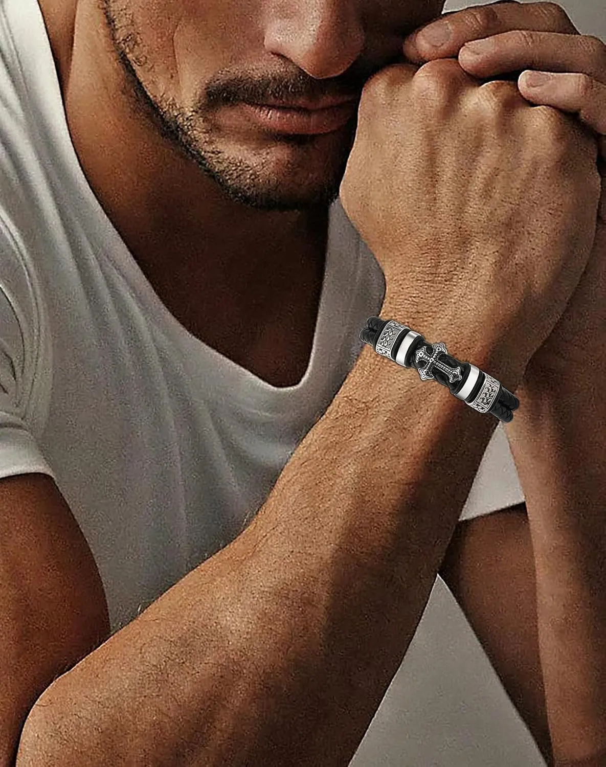 Mens Cuff Cross Christian Bracelet - Silver 316L Stainless Steel Religious Leather Bracelets for Men - Row Punk Jewelry