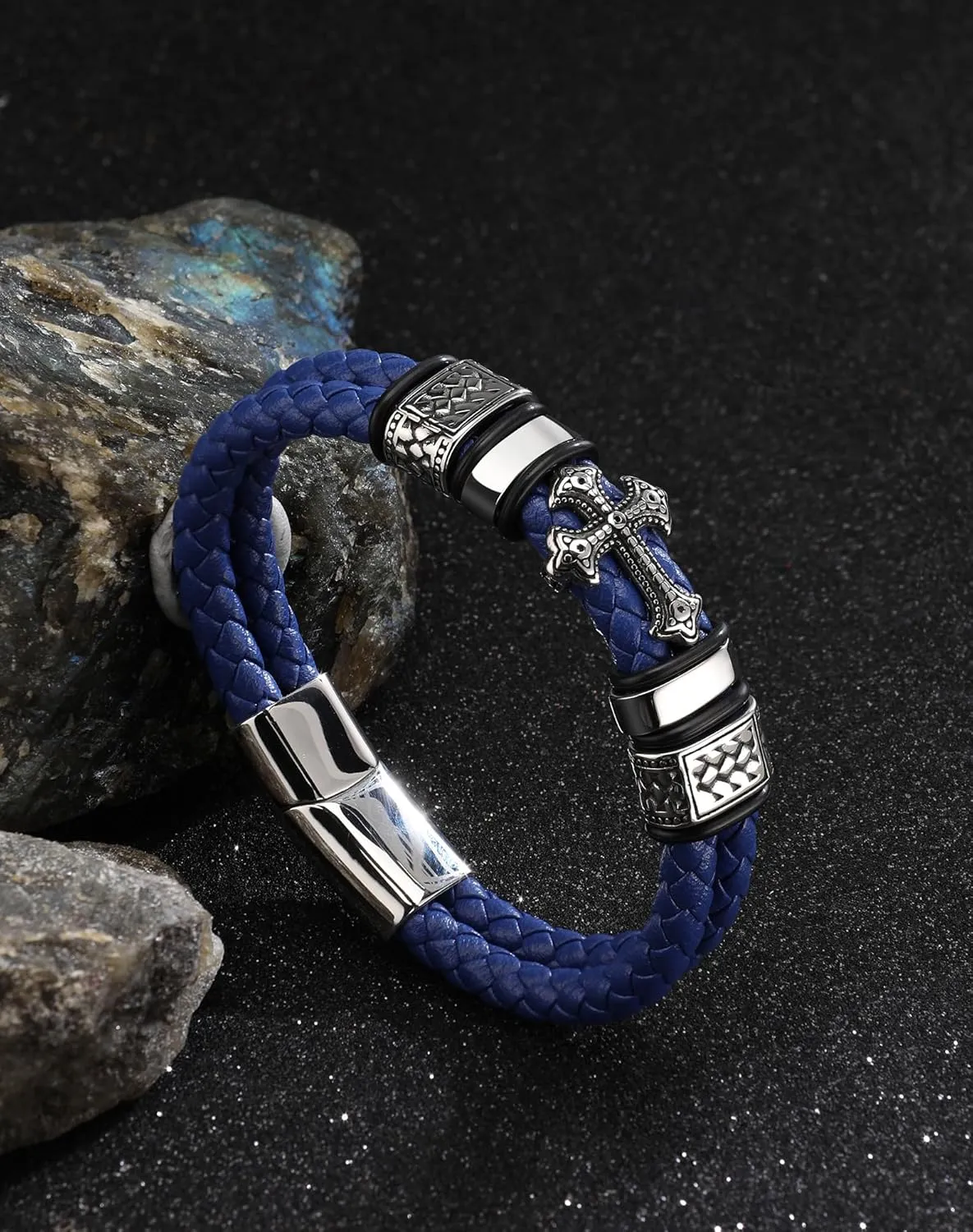 Mens Cuff Cross Christian Bracelet - Silver 316L Stainless Steel Religious Leather Bracelets for Men - Row Punk Jewelry