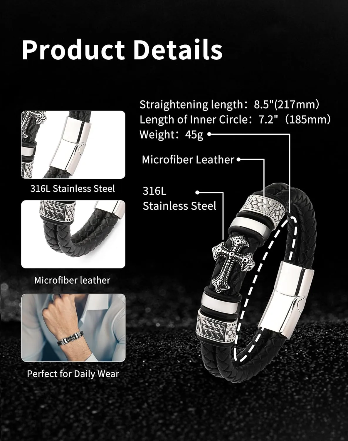 Mens Cuff Cross Christian Bracelet - Silver 316L Stainless Steel Religious Leather Bracelets for Men - Row Punk Jewelry