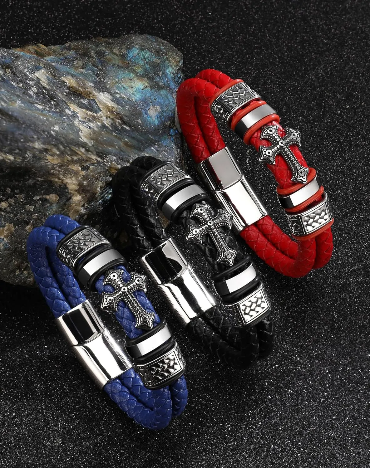 Mens Cuff Cross Christian Bracelet - Silver 316L Stainless Steel Religious Leather Bracelets for Men - Row Punk Jewelry
