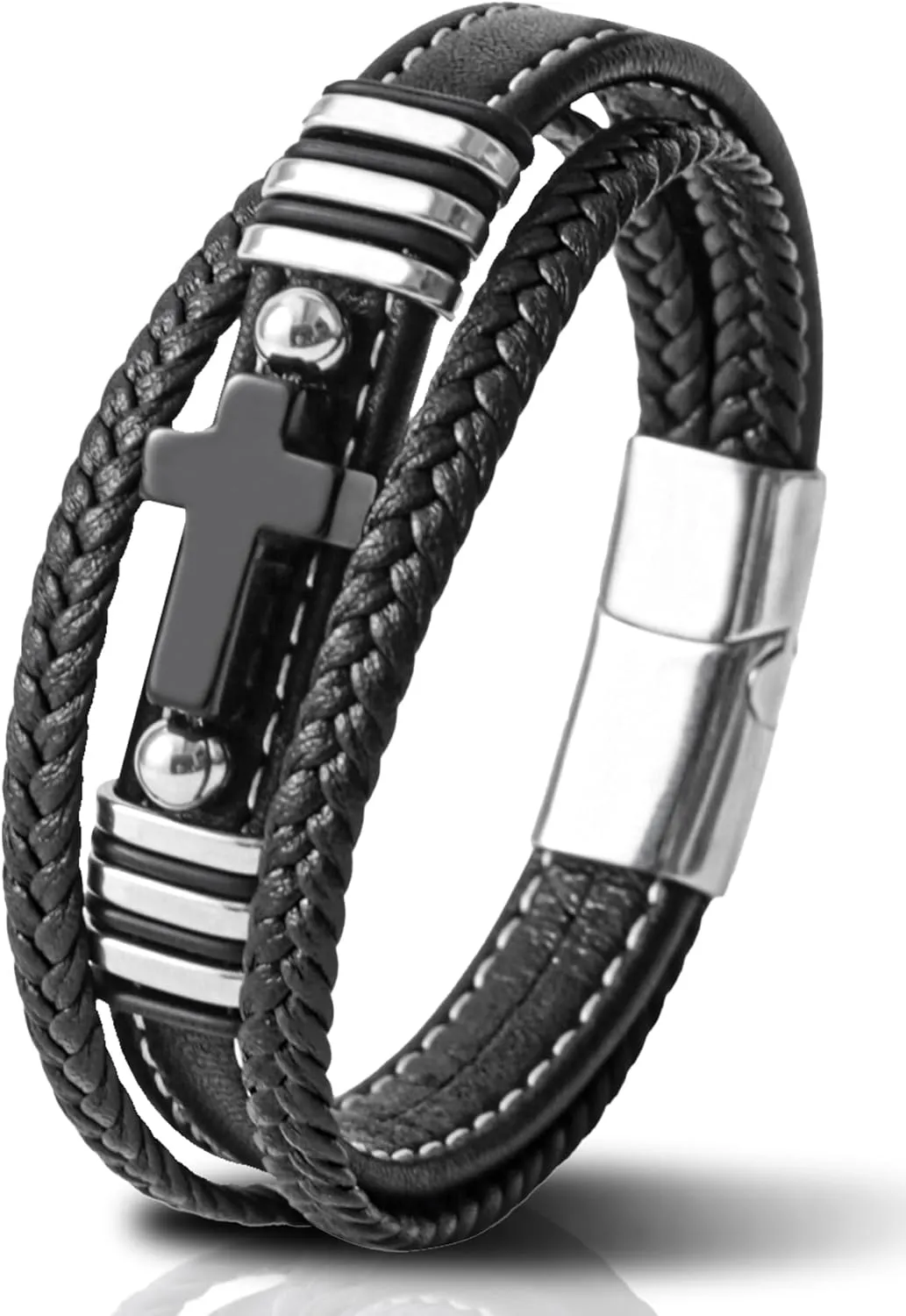 Mens Cuff Cross Christian Bracelet - Stainless Steel Religious Leather Bracelets for Men - Multilayer Row Punk Jewelry