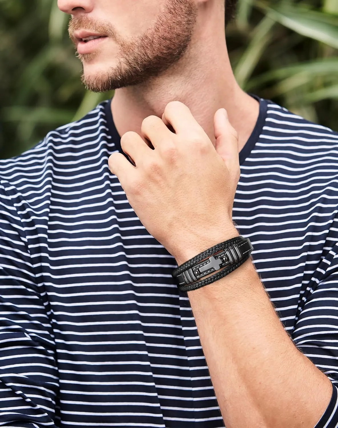 Mens Cuff Cross Christian Bracelet - Stainless Steel Religious Leather Bracelets for Men - Multilayer Row Punk Jewelry