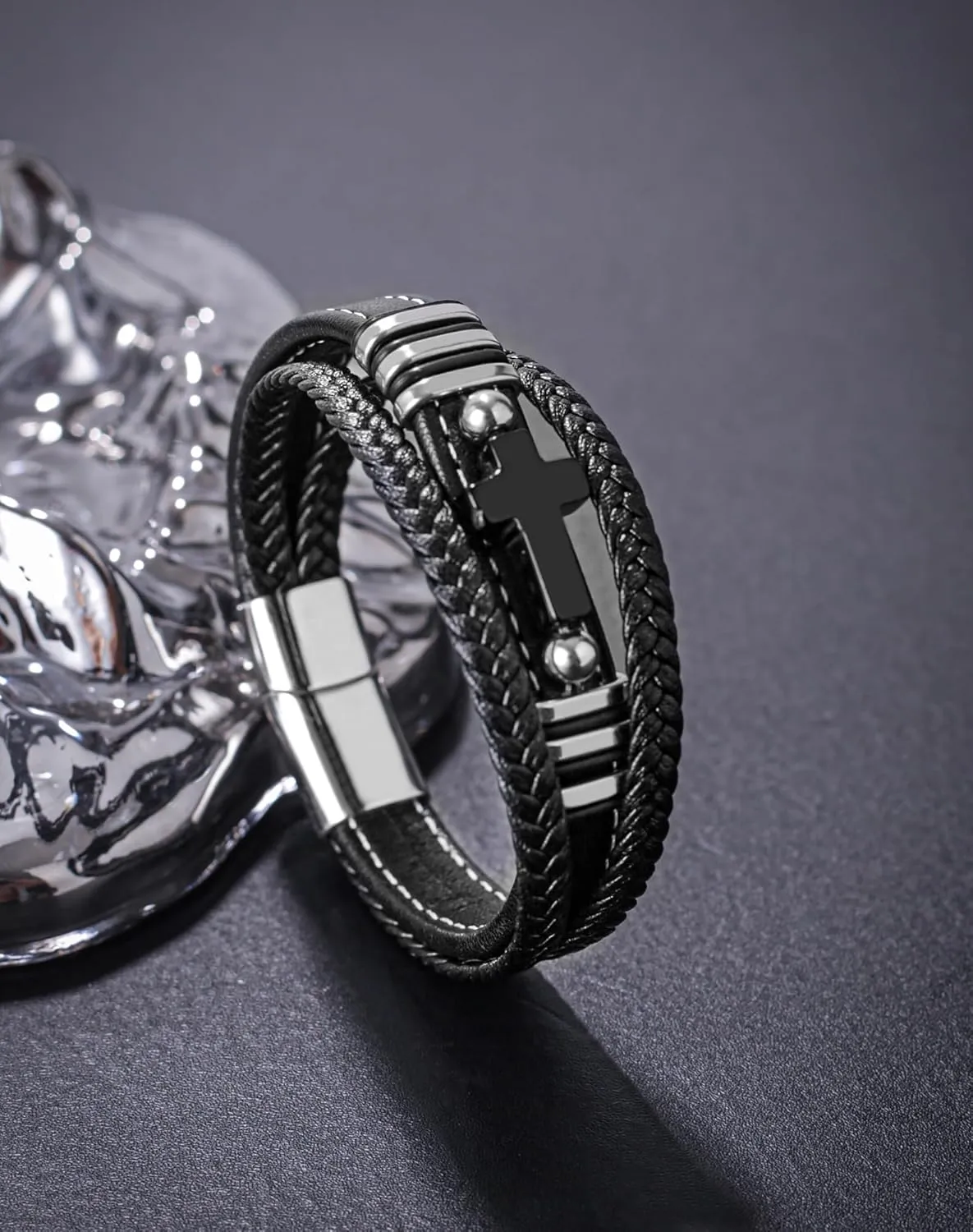 Mens Cuff Cross Christian Bracelet - Stainless Steel Religious Leather Bracelets for Men - Multilayer Row Punk Jewelry