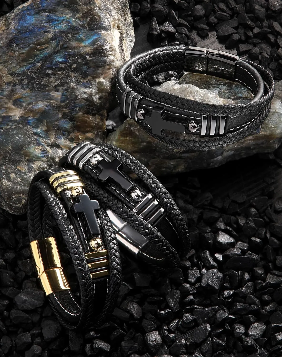 Mens Cuff Cross Christian Bracelet - Stainless Steel Religious Leather Bracelets for Men - Multilayer Row Punk Jewelry