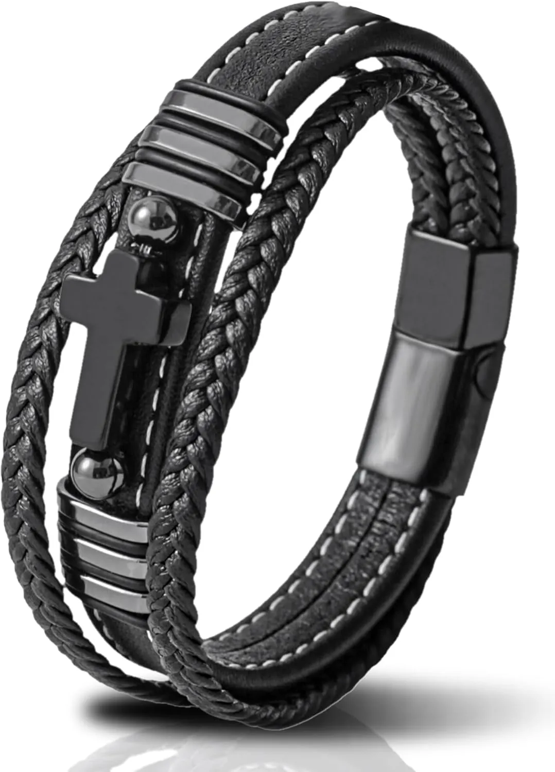 Mens Cuff Cross Christian Bracelet - Stainless Steel Religious Leather Bracelets for Men - Multilayer Row Punk Jewelry