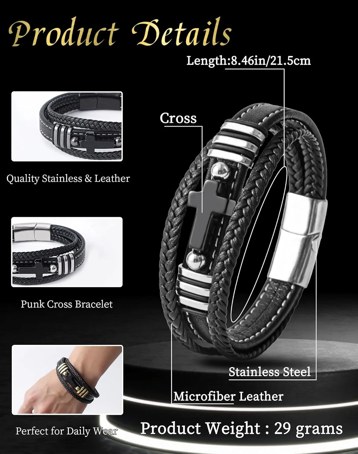Mens Cuff Cross Christian Bracelet - Stainless Steel Religious Leather Bracelets for Men - Multilayer Row Punk Jewelry