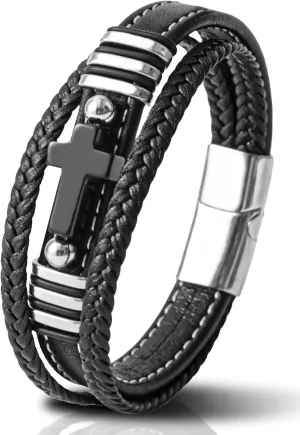 Mens Cuff Cross Christian Bracelet - Stainless Steel Religious Leather Bracelets for Men - Multilayer Row Punk Jewelry