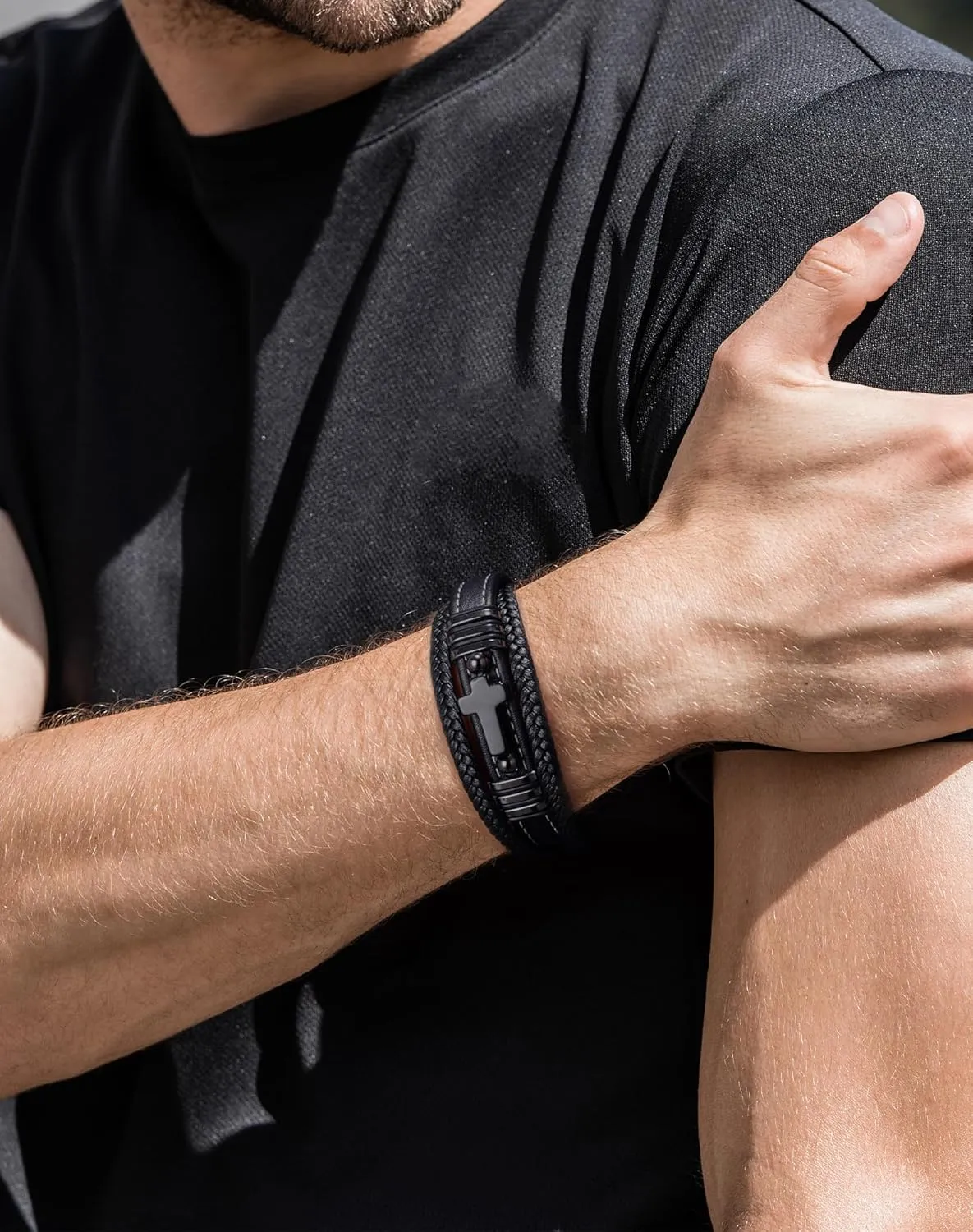 Mens Cuff Cross Christian Bracelet - Stainless Steel Religious Leather Bracelets for Men - Multilayer Row Punk Jewelry