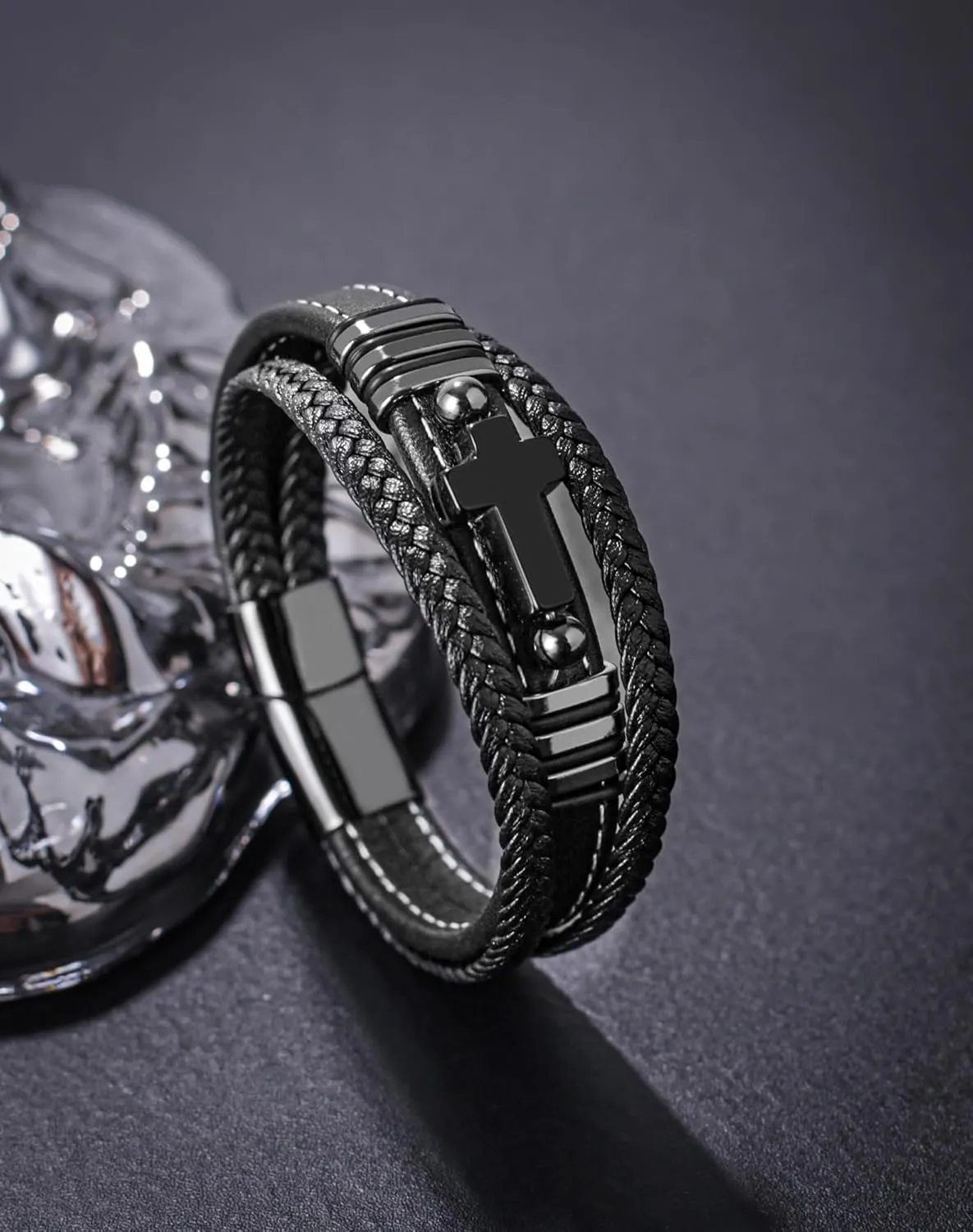 Mens Cuff Cross Christian Bracelet - Stainless Steel Religious Leather Bracelets for Men - Multilayer Row Punk Jewelry