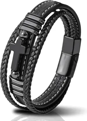 Mens Cuff Cross Christian Bracelet - Stainless Steel Religious Leather Bracelets for Men - Multilayer Row Punk Jewelry