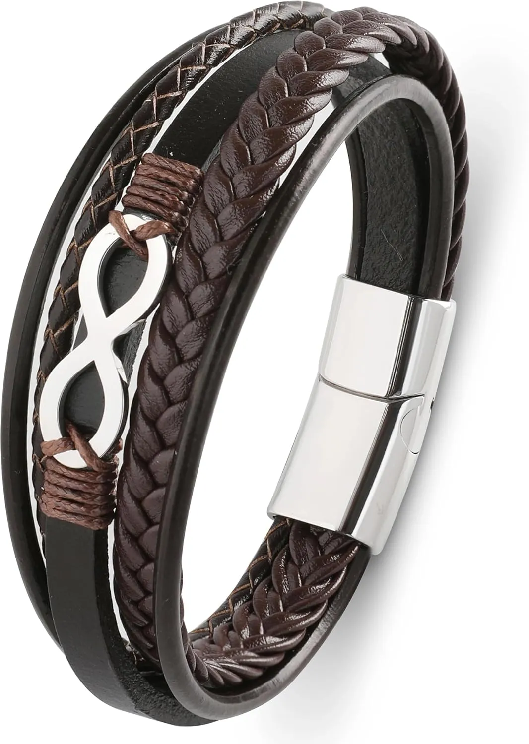 Mens Cuff Infinity Bracelet - Stainless Steel Genuine Leather Bracelets for Men - Multilayer Row Punk Jewelry