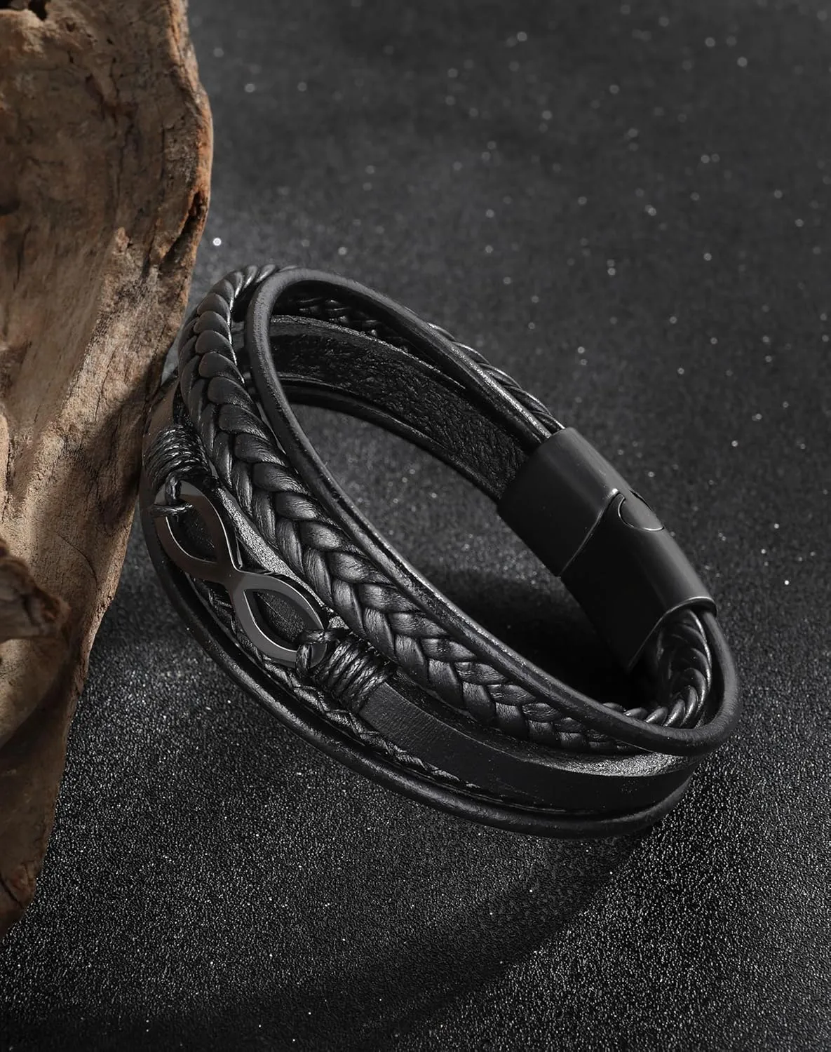 Mens Cuff Infinity Bracelet - Stainless Steel Genuine Leather Bracelets for Men - Multilayer Row Punk Jewelry