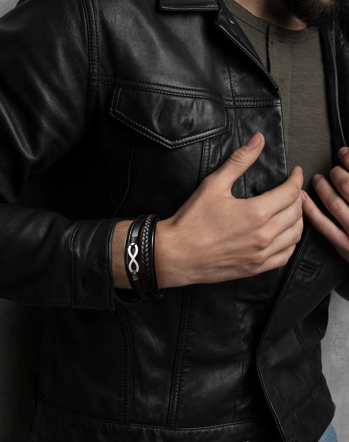 Mens Cuff Infinity Bracelet - Stainless Steel Genuine Leather Bracelets for Men - Multilayer Row Punk Jewelry