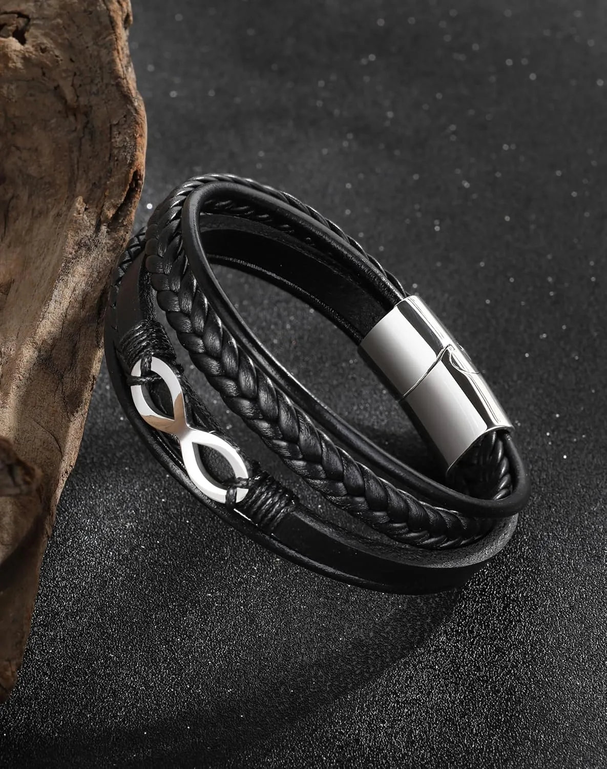 Mens Cuff Infinity Bracelet - Stainless Steel Genuine Leather Bracelets for Men - Multilayer Row Punk Jewelry