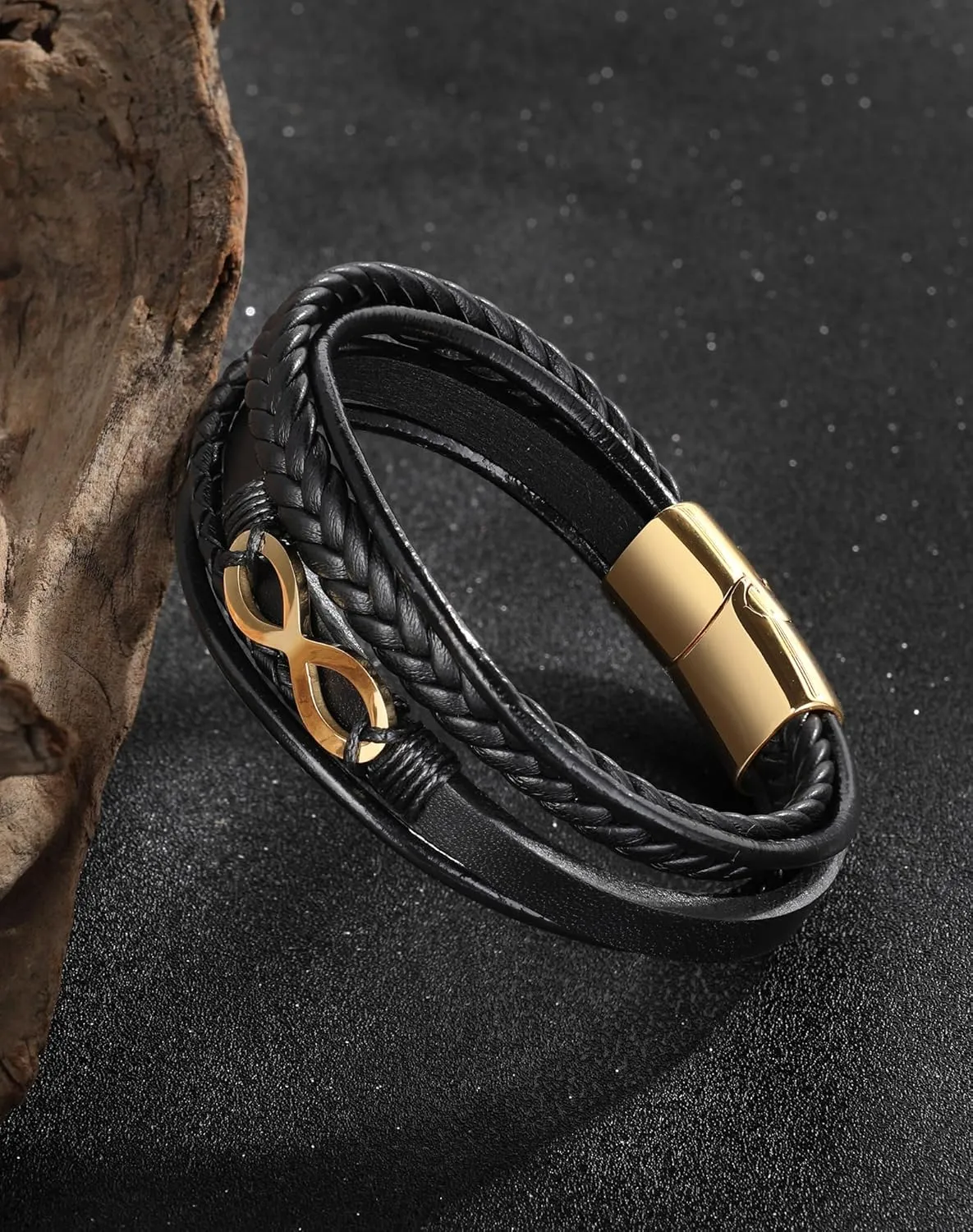 Mens Cuff Infinity Bracelet - Stainless Steel Genuine Leather Bracelets for Men - Multilayer Row Punk Jewelry