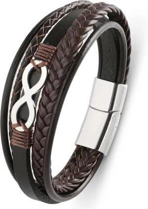 Mens Cuff Infinity Bracelet - Stainless Steel Genuine Leather Bracelets for Men - Multilayer Row Punk Jewelry