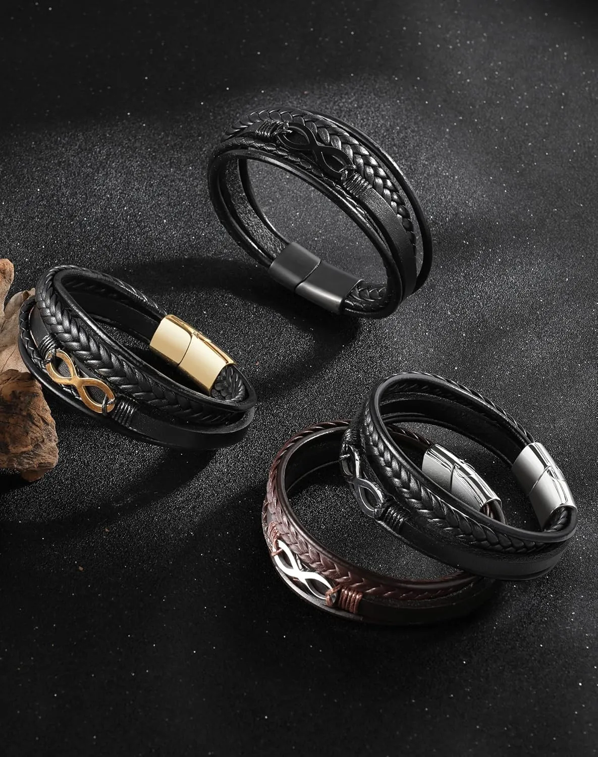 Mens Cuff Infinity Bracelet - Stainless Steel Genuine Leather Bracelets for Men - Multilayer Row Punk Jewelry