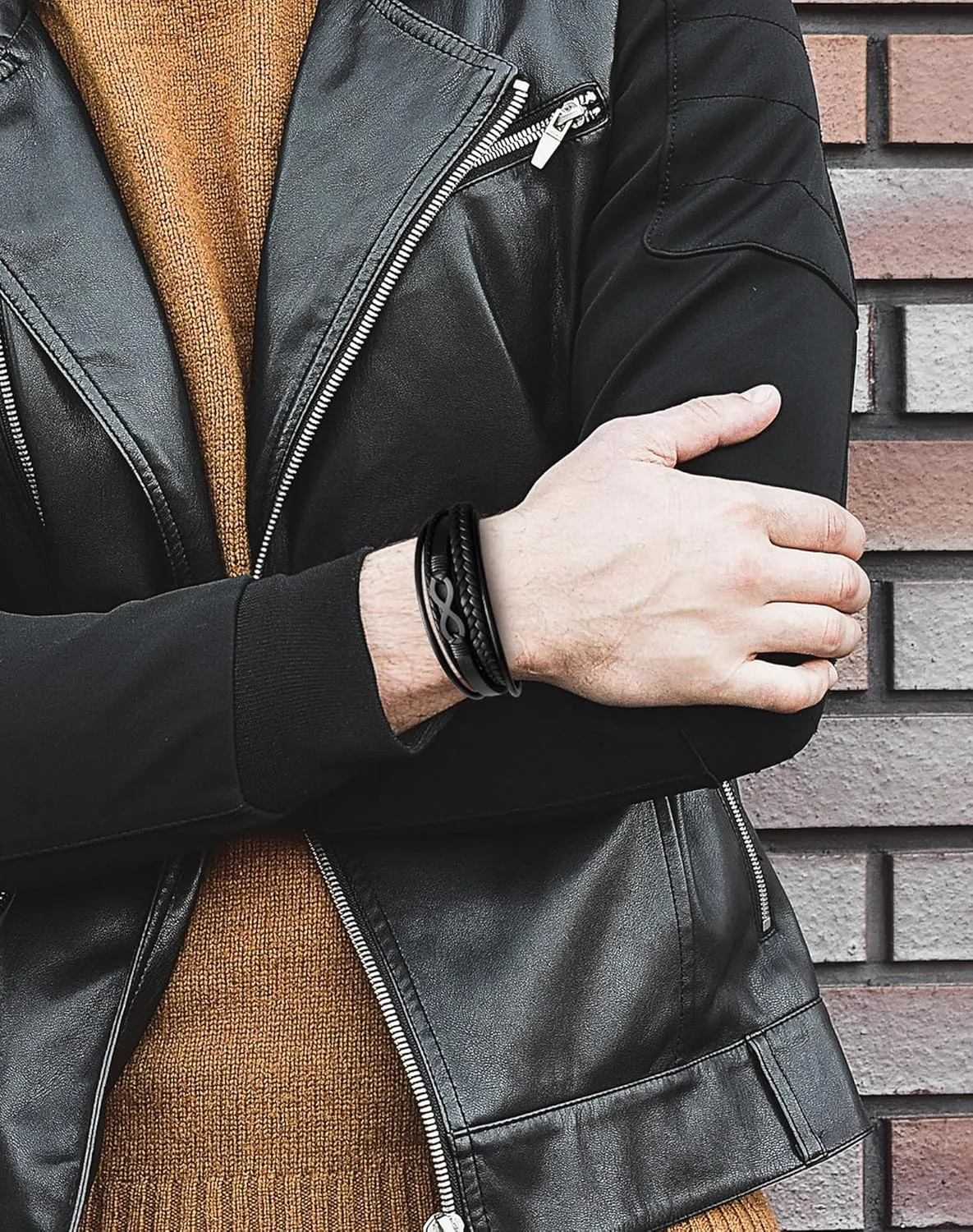 Mens Cuff Infinity Bracelet - Stainless Steel Genuine Leather Bracelets for Men - Multilayer Row Punk Jewelry