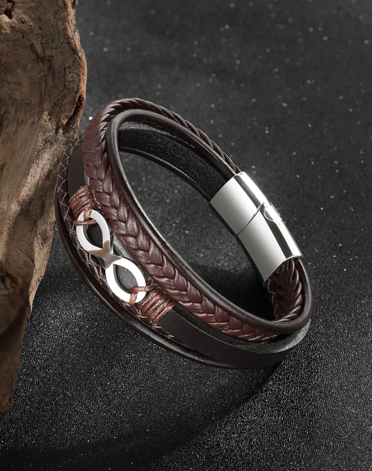 Mens Cuff Infinity Bracelet - Stainless Steel Genuine Leather Bracelets for Men - Multilayer Row Punk Jewelry