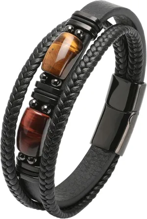 Mens Cuff Tiger Eye Bracelet - Stainless Steel Black Leather Bracelets for Men - Multilayer Row Punk Jewelry