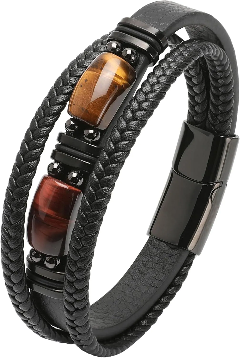 Mens Cuff Tiger Eye Bracelet - Stainless Steel Black Leather Bracelets for Men - Multilayer Row Punk Jewelry