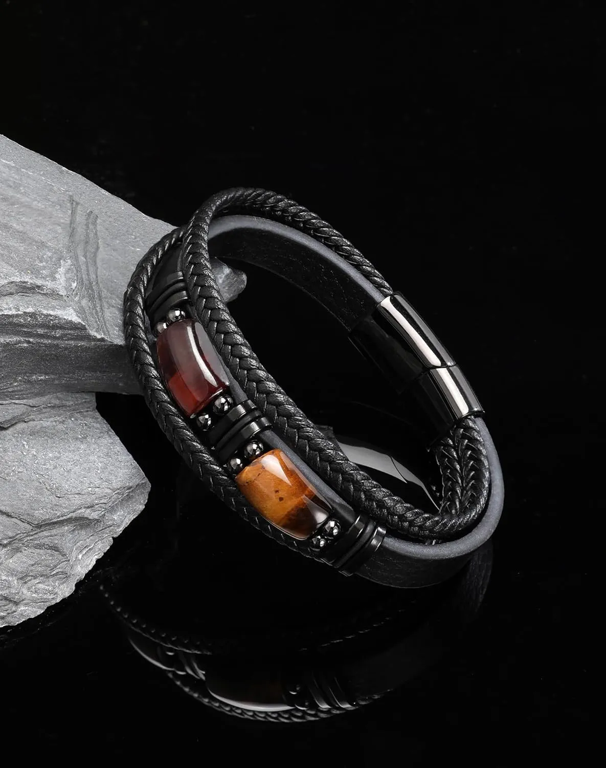 Mens Cuff Tiger Eye Bracelet - Stainless Steel Black Leather Bracelets for Men - Multilayer Row Punk Jewelry