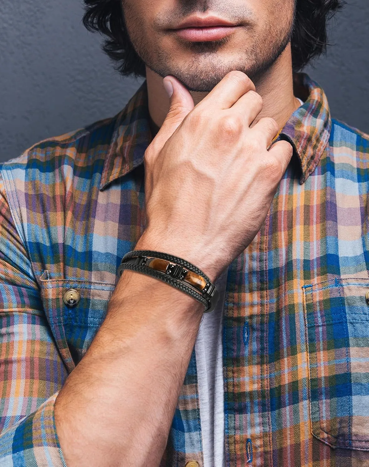 Mens Cuff Tiger Eye Bracelet - Stainless Steel Black Leather Bracelets for Men - Multilayer Row Punk Jewelry