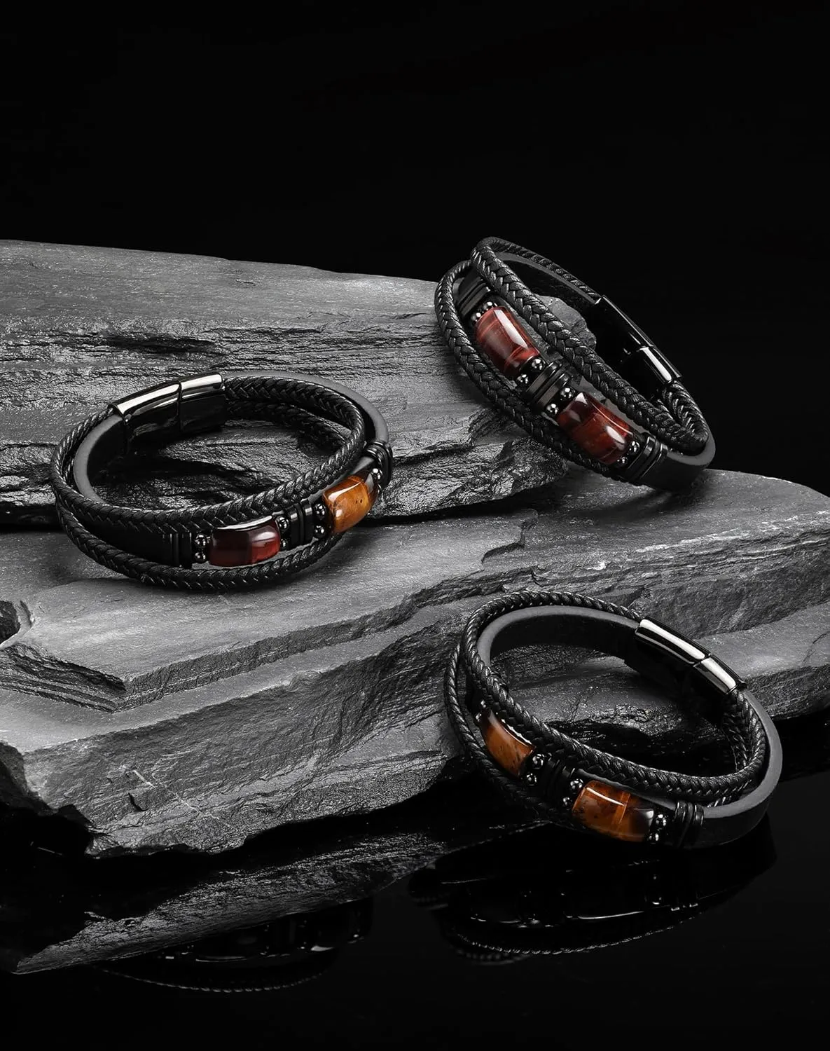 Mens Cuff Tiger Eye Bracelet - Stainless Steel Black Leather Bracelets for Men - Multilayer Row Punk Jewelry
