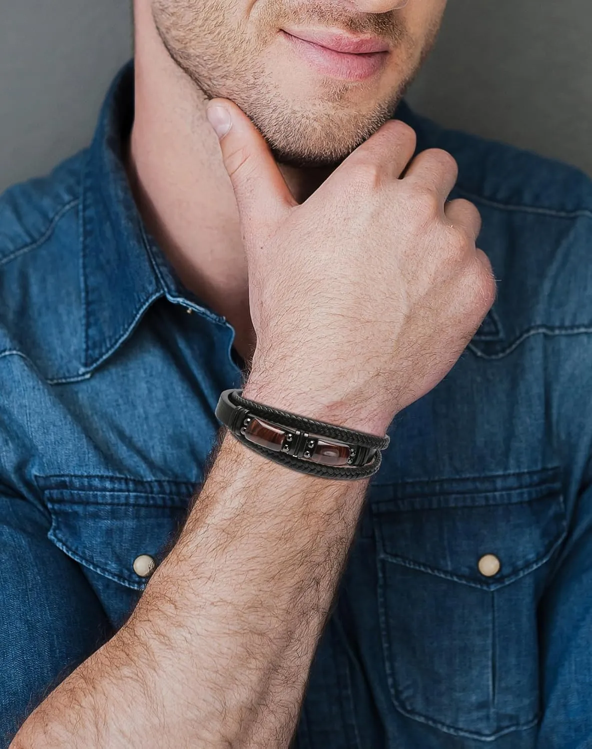 Mens Cuff Tiger Eye Bracelet - Stainless Steel Black Leather Bracelets for Men - Multilayer Row Punk Jewelry