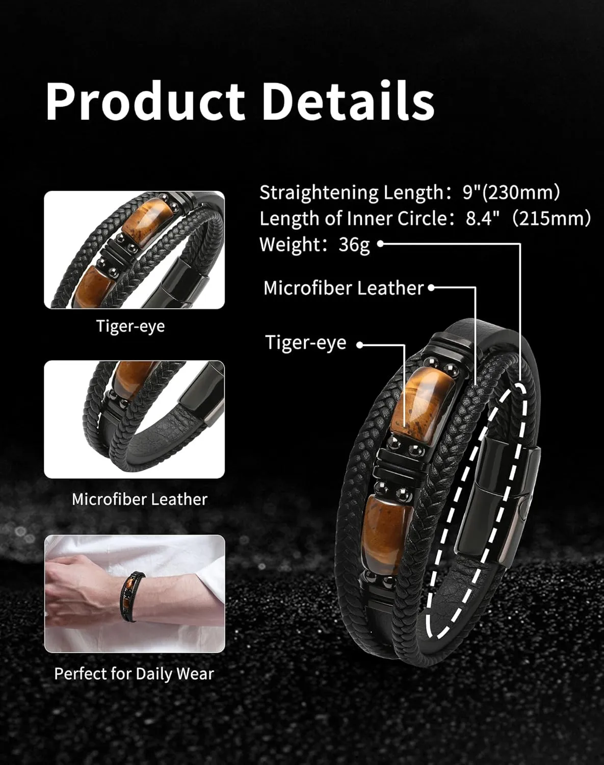 Mens Cuff Tiger Eye Bracelet - Stainless Steel Black Leather Bracelets for Men - Multilayer Row Punk Jewelry