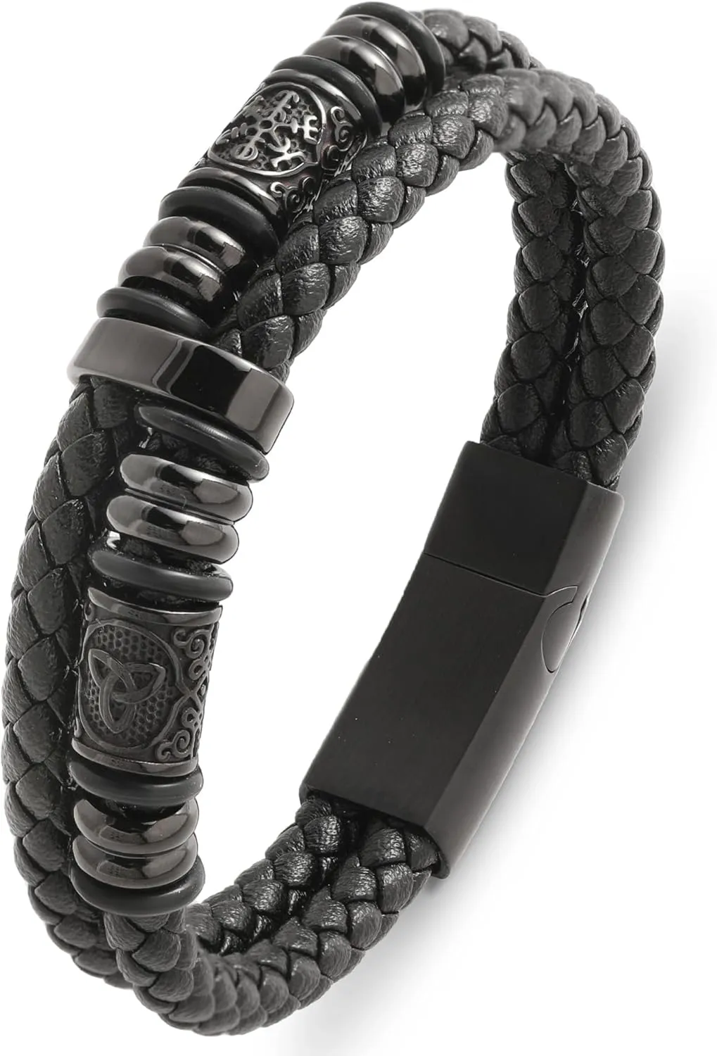 Mens Cuff Viking Bracelet - Celtic Knot and Compass 316L Stainless Steel Leather Bracelets for Men - Double Row Punk Jewelry