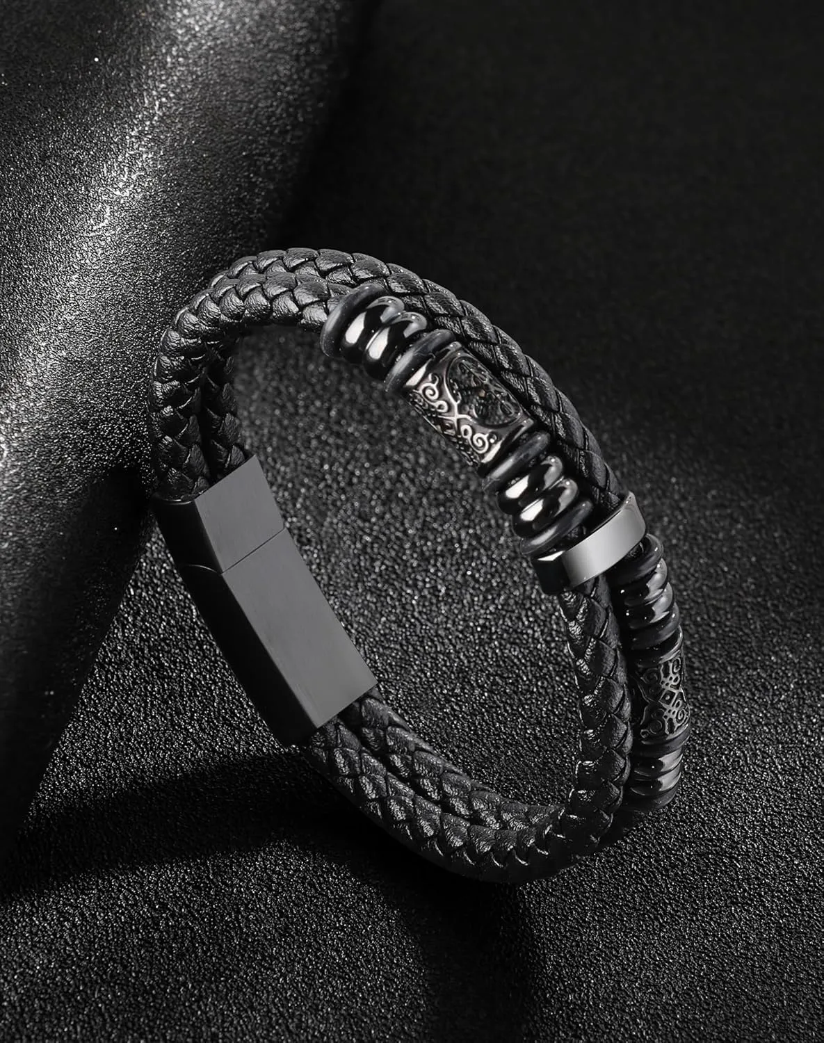 Mens Cuff Viking Bracelet - Celtic Knot and Compass 316L Stainless Steel Leather Bracelets for Men - Double Row Punk Jewelry