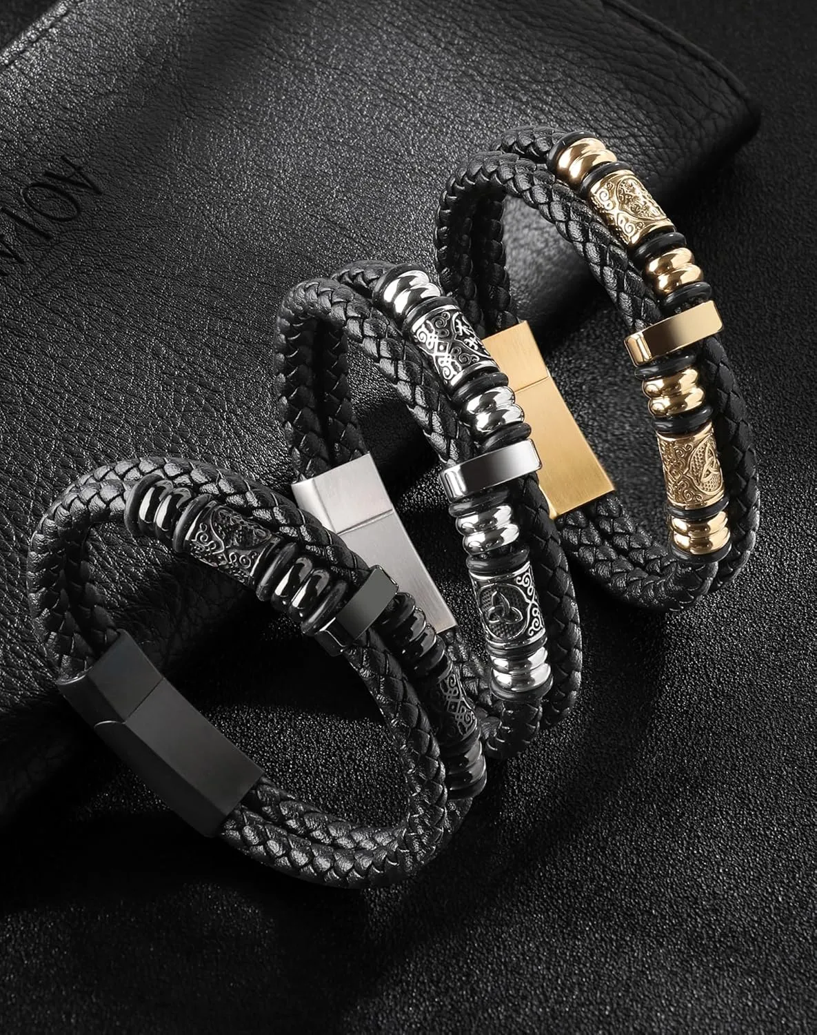 Mens Cuff Viking Bracelet - Celtic Knot and Compass 316L Stainless Steel Leather Bracelets for Men - Double Row Punk Jewelry