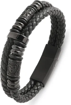 Mens Cuff Viking Bracelet - Celtic Knot and Compass 316L Stainless Steel Leather Bracelets for Men - Double Row Punk Jewelry