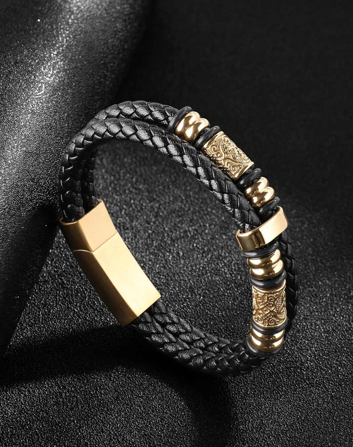 Mens Cuff Viking Bracelet - Celtic Knot and Compass 316L Stainless Steel Leather Bracelets for Men - Double Row Punk Jewelry