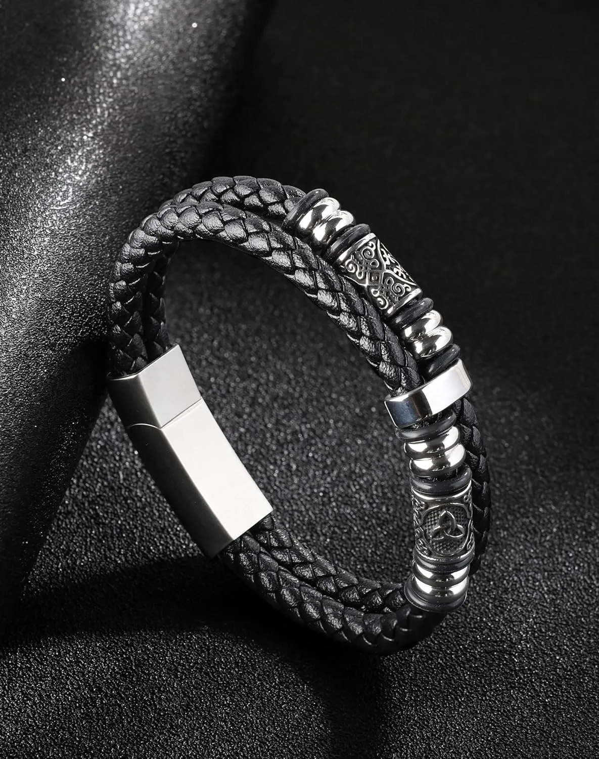 Mens Cuff Viking Bracelet - Celtic Knot and Compass 316L Stainless Steel Leather Bracelets for Men - Double Row Punk Jewelry