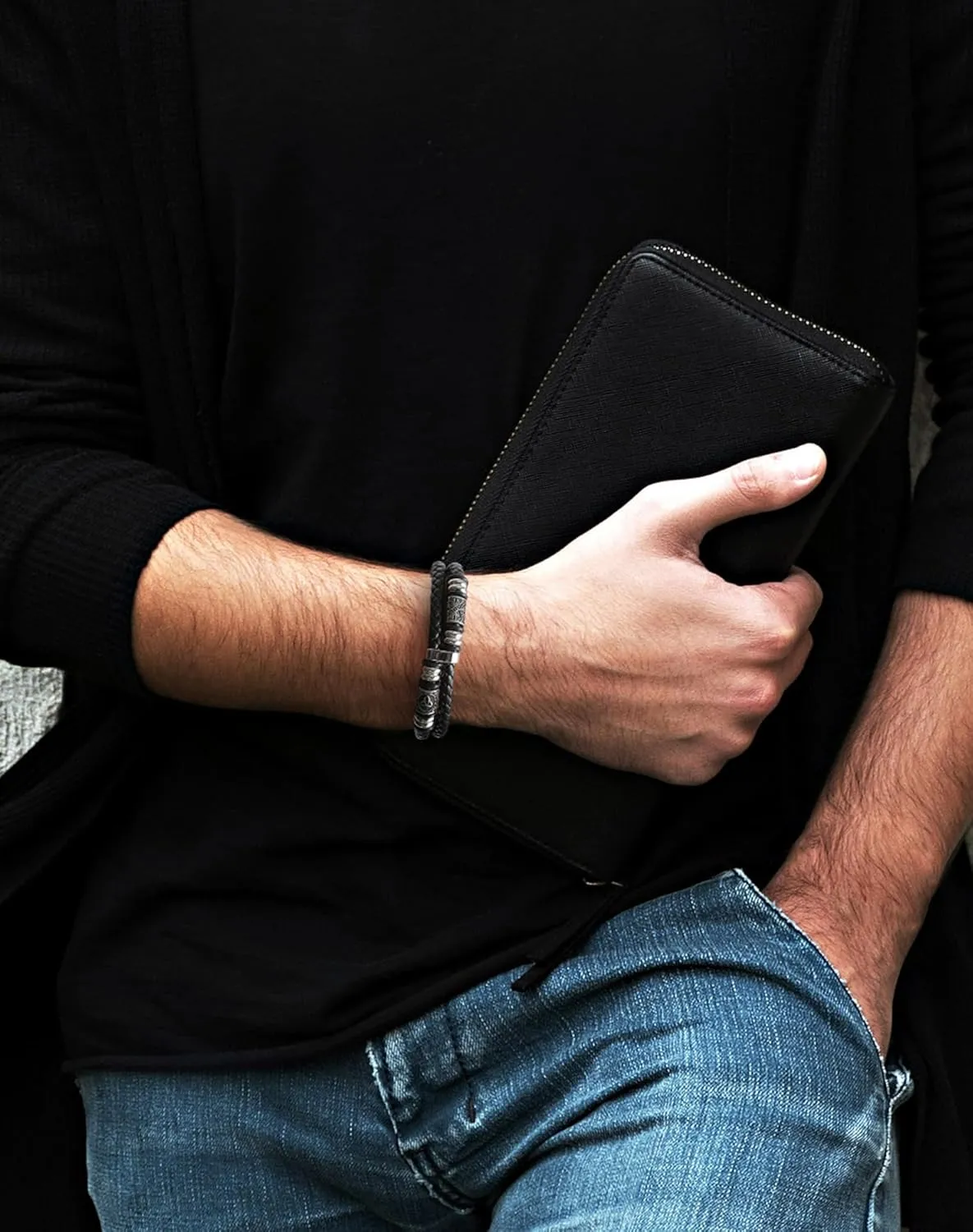 Mens Cuff Viking Bracelet - Celtic Knot and Compass 316L Stainless Steel Leather Bracelets for Men - Double Row Punk Jewelry