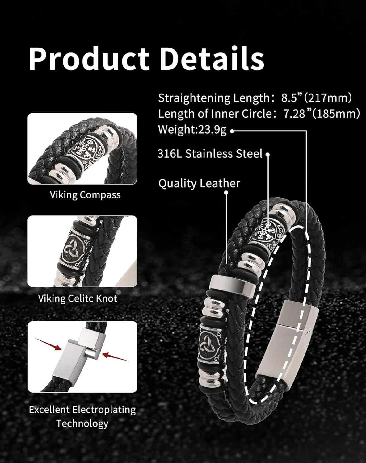 Mens Cuff Viking Bracelet - Celtic Knot and Compass 316L Stainless Steel Leather Bracelets for Men - Double Row Punk Jewelry